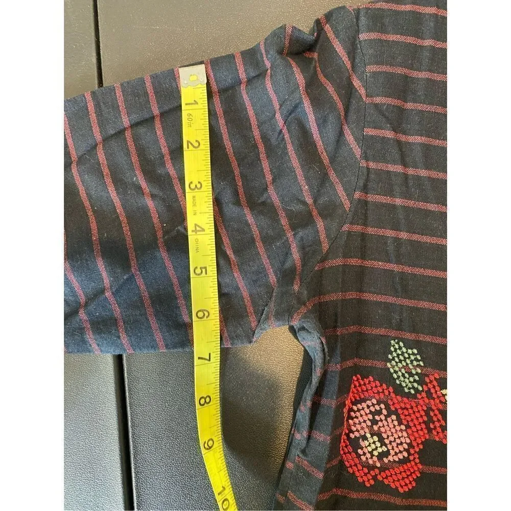 Bombay Paisley Dark Blue Red Stripe Floral Embroidered Button Down 3/4 Sleeve Mi - Picture 11 of 16